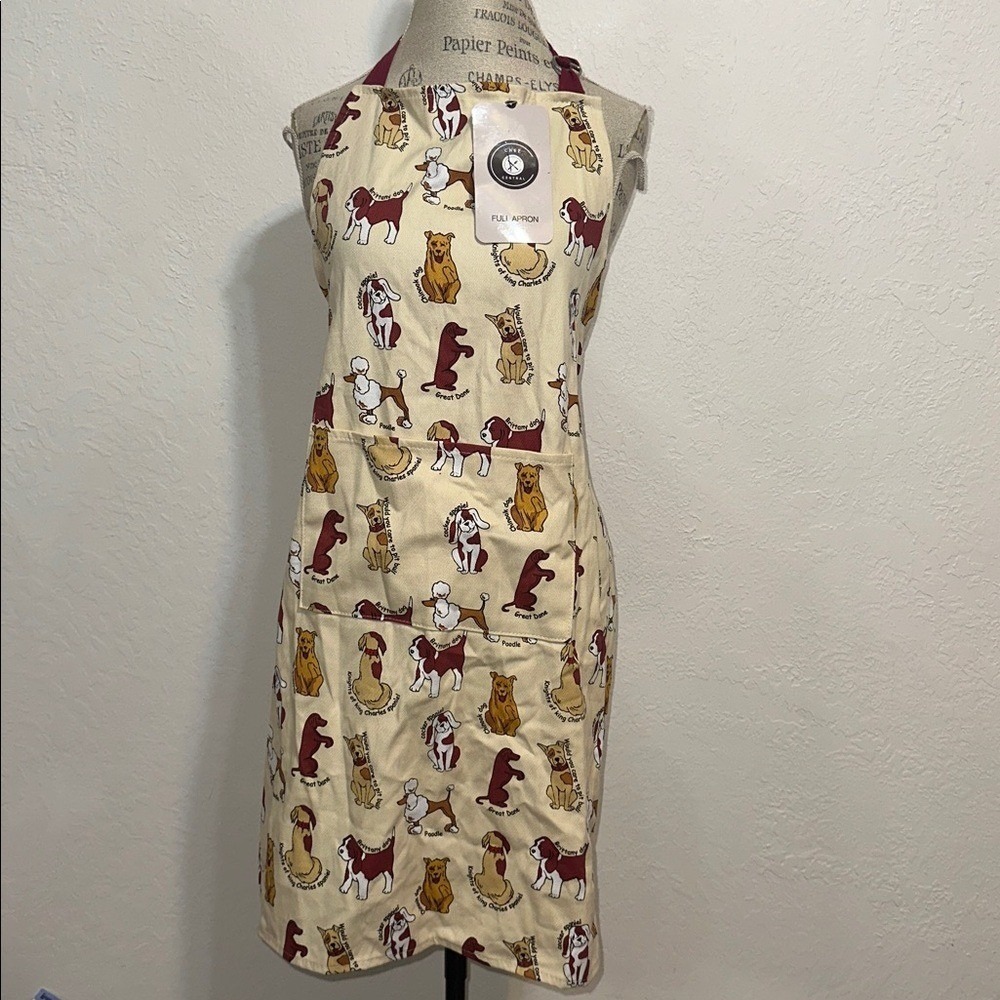 Chef Central Canines Full Apron Cotton Dog Breed Print Cream Burgundy New